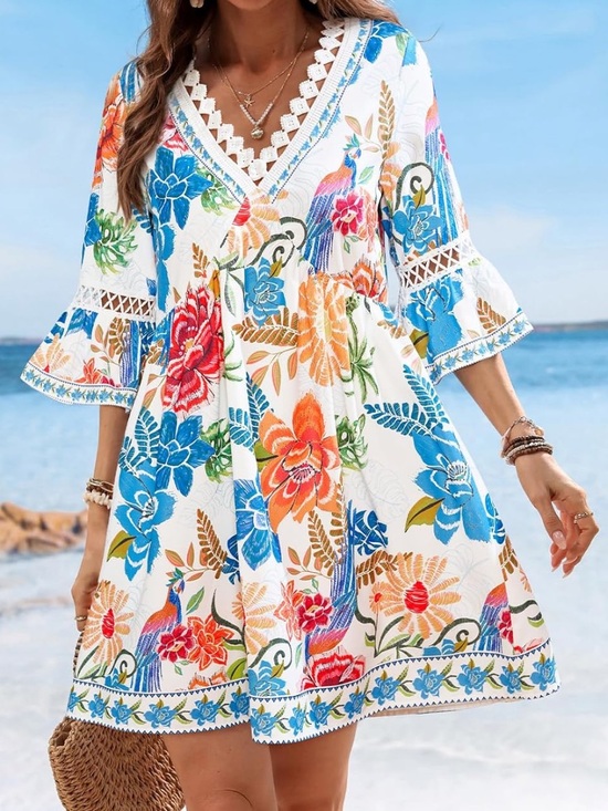 Cupshe Other - CUPSHE NWT L White blue Floral V-Neck crochet Trim Swim Cover-Up mini dress